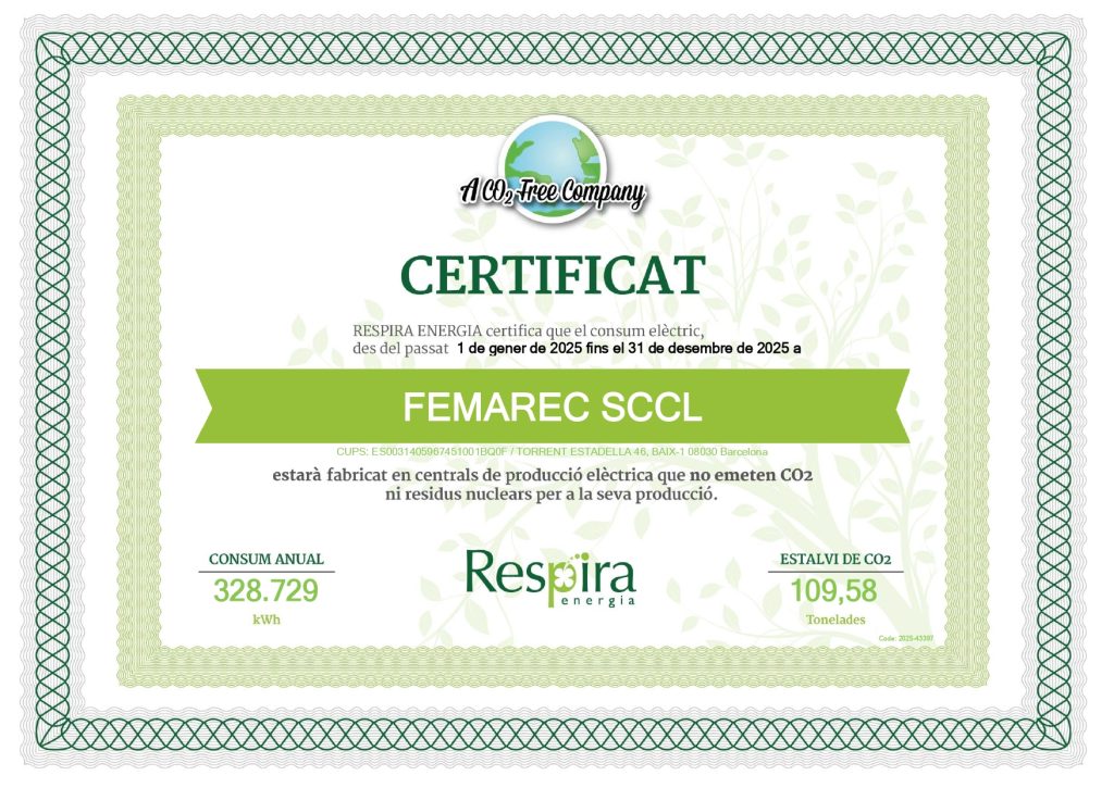 Femarec obté per 5è any consecutiu el certificat CO₂ Free Company 1 Femarec rep el certificat CO2 Free Company